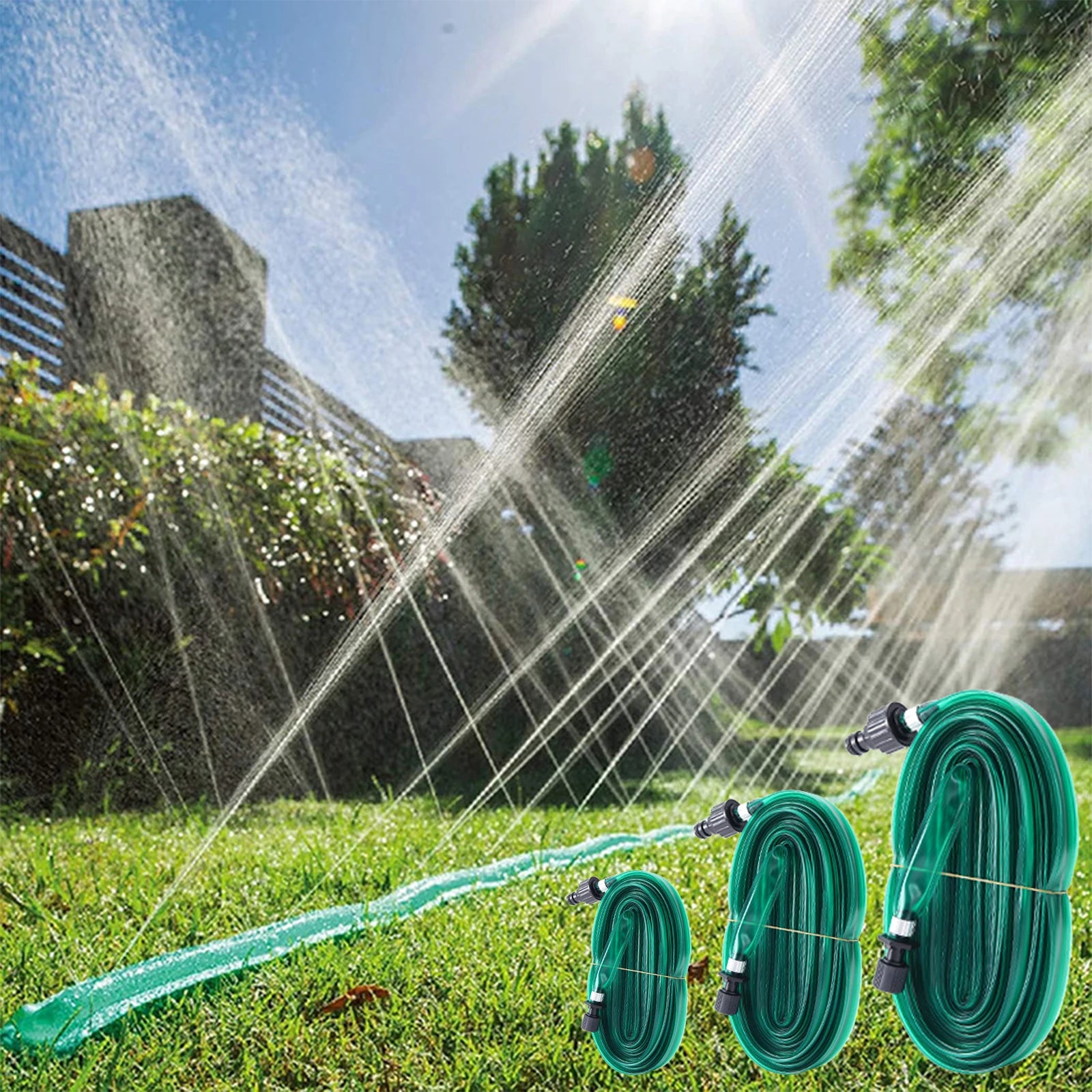 Garden hose with sprinkler and drip hose
